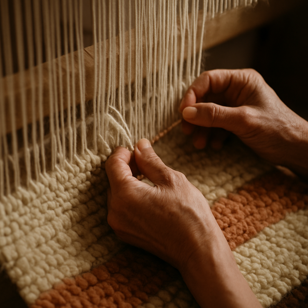 Artisan hands hand-weaving wool on a traditional loom