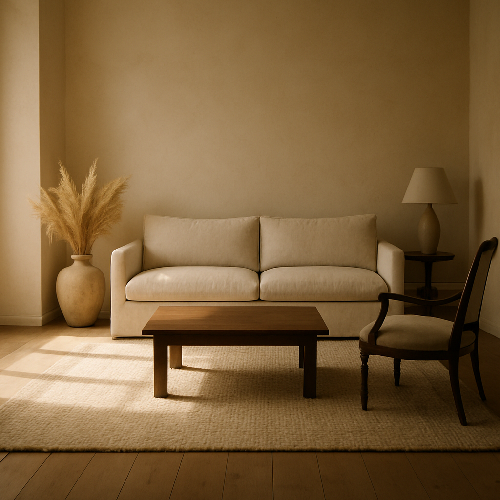 A sunlit living room styled with a handwoven Warp & Hearth rug